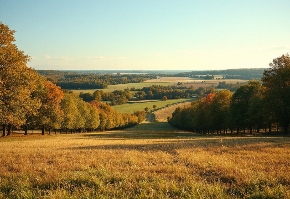 Pastoral Virginia countryside near Culpeper with tree lines and open farmland under a clear sky