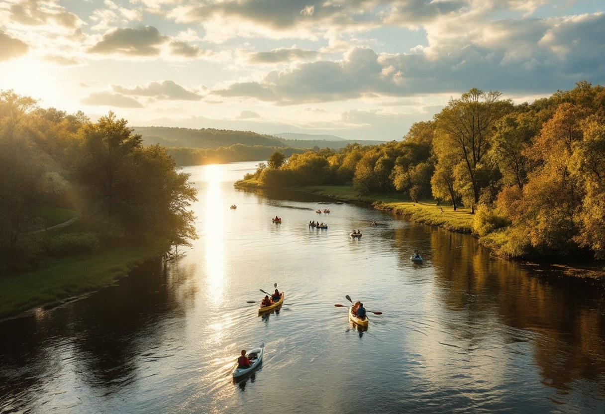 A calm river bend on the Rappahannock near Culpeper with kayaks on the water