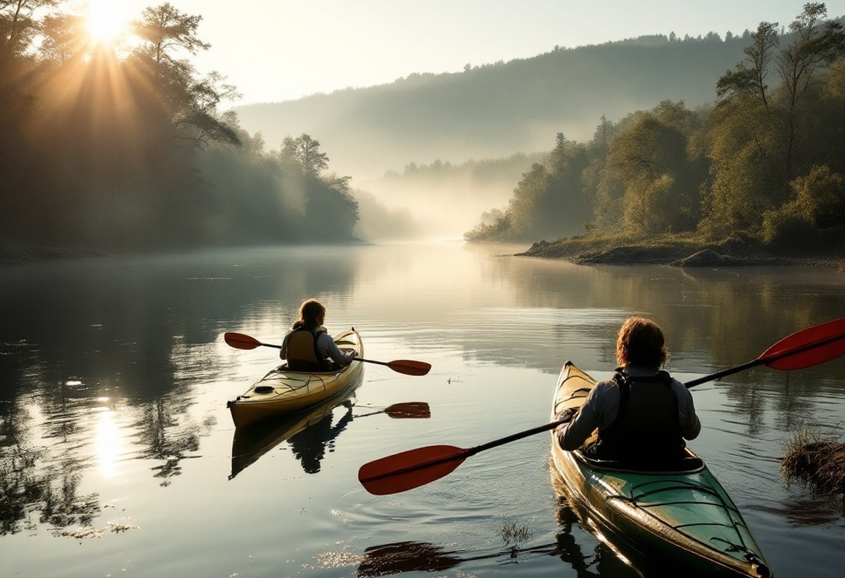 Kayaks on the Rappahannock or Hazel River on a calm morning