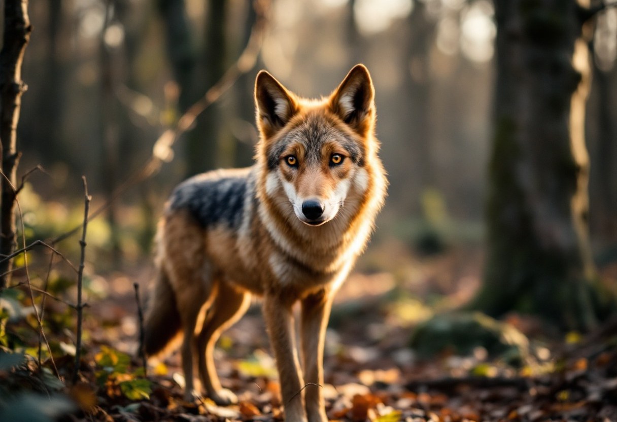 Red wolf with reddish-brown coat standing in a wooded enclosure at the Virginia Living Museum