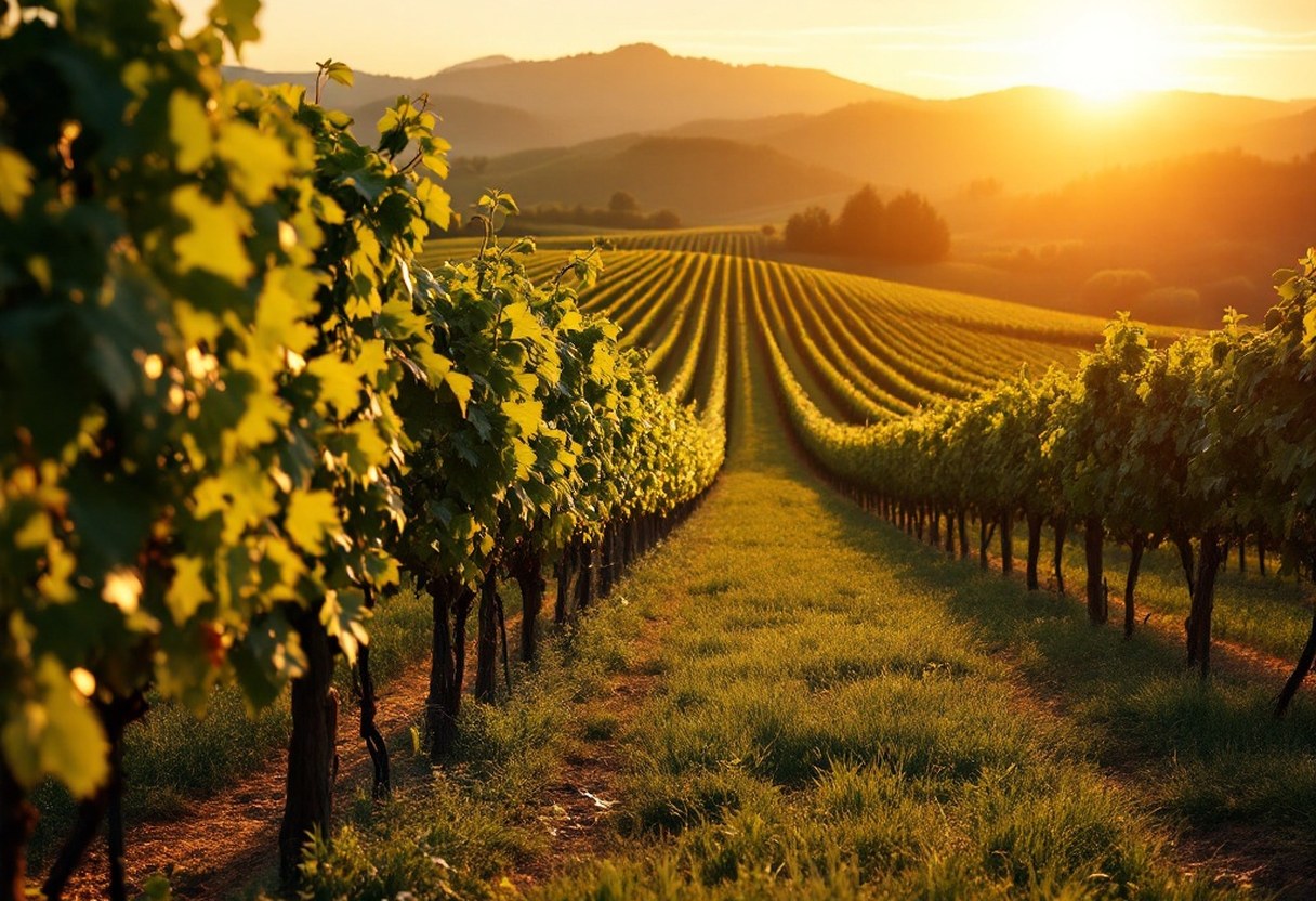 Rows of grapevines on a Virginia hillside winery at golden hour