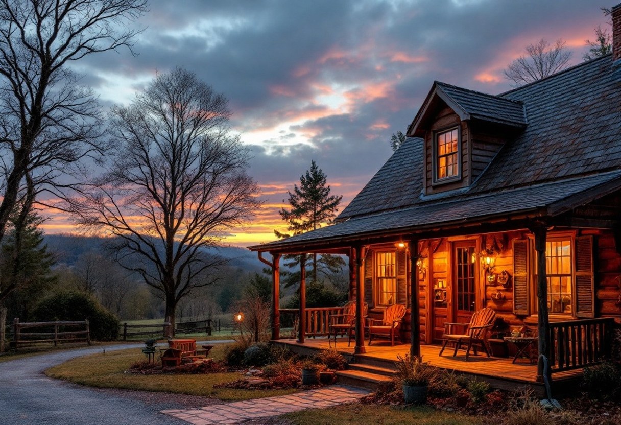 A rustic country inn or cabin porch at dawn near Culpeper