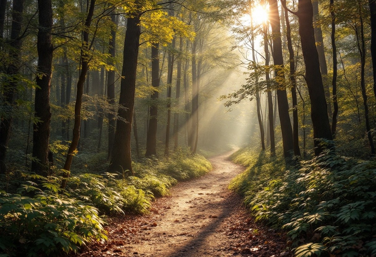 A wooded hiking trail in Culpeper County dappled with sunlight